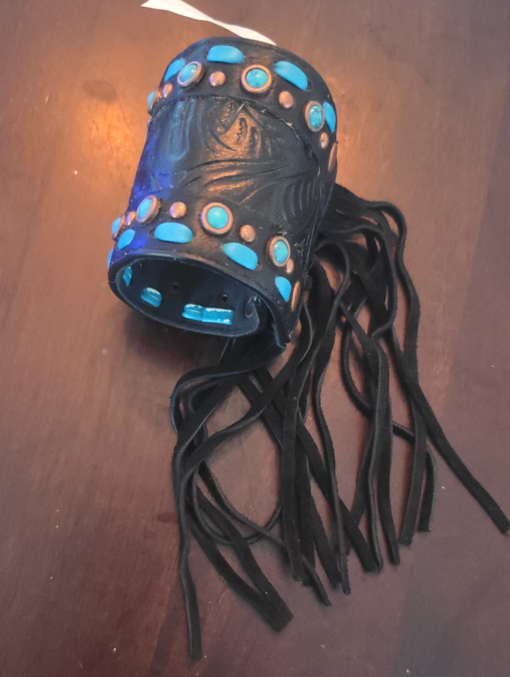 Black Leather Fringe Cuff with Turquoise Accents